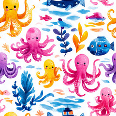 Vibrant underwater scene with colorful octopuses and marine life