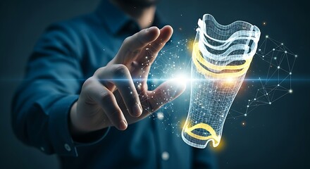 Additive manufacturing and 3D printing concept. An engineer's hand "prints" a holographic 3D object, symbolizing rapid prototyping and industrial innovation.