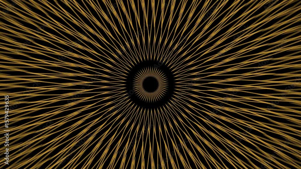 Poster golden rays kaleidoscope: dynamic abstract pattern animation on black background