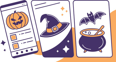 Three halloween themed cards featuring a pumpkin, witch hat, bat, and cauldron are displayed nicely
