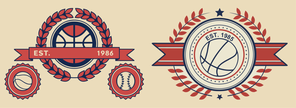 Retro-style sports emblems featuring laurel wreaths, basketball and baseball elements, perfect for badges, logos, and sports-themed vintage branding