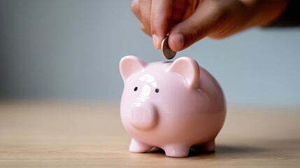 A hand deposits a coin into a pink piggy bank, symbolizing savings and financial planning. The cozy indoor setting adds warmth to this everyday activity of saving money