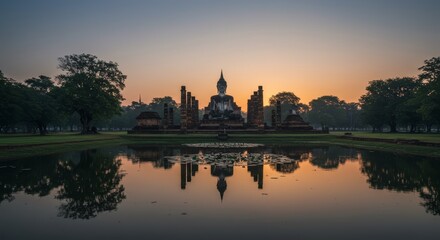 Fototapeta premium Serene Sunset at Wat Si Chum, Sukhothai Historical Park, Thailand