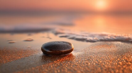 A black stone lies on the golden sand at a beach during sunset. Gentle waves lap at the shore while the sun casts warm hues in the sky, creating a serene atmosphere