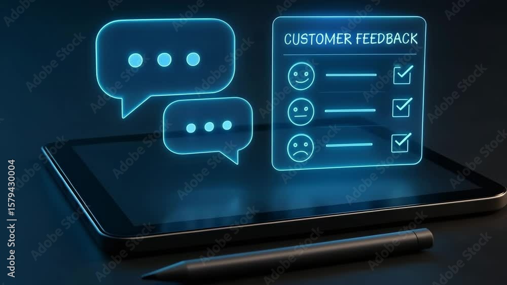 Poster a tablet displays floating chat bubbles and checklist faces for customer feedback. concept of digita