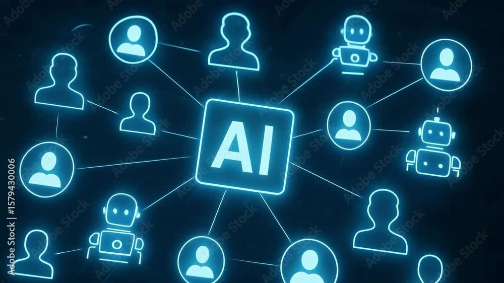 Poster a central ai block connects glowing human and robot icons across dark space. concept of collaborativ