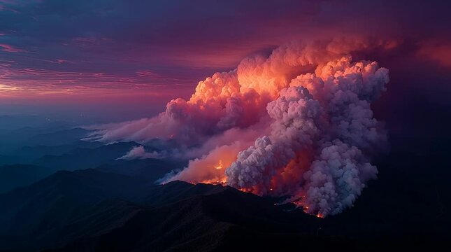 Wildfire Spreading Across Mountain Ridge Under Dramatic Twilight Sky