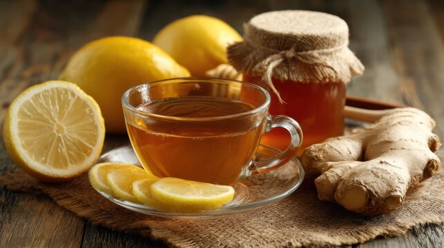 A cup of ginger tea with lemon slices and honey is placed on a rustic wooden table. Fresh ginger root and lemons surround the cup, creating a comforting atmosphere perfect for relaxation