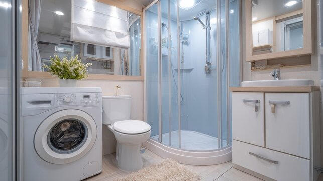 A stylish small bathroom features a glass shower, a washing machine, and a white sink. The bright space includes flowers and contemporary decor, creating a cozy atmosphere