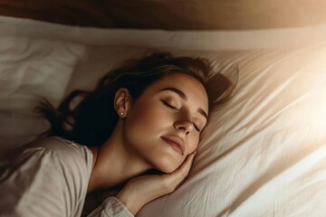 Relaxed young woman sleeping on her side with her hand under her cheek in a cozy bed with soft pillows.