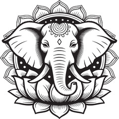 Detailed black and white illustration of an elephant within a lotus flower mandala design art