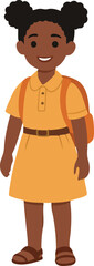 A smiling young schoolgirl with puffy hair stands confidently wearing a yellow uniform dress and orange backpack.
