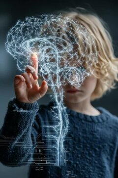 Child Touching Glowing Holographic Brain Projection with Finger