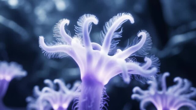 Bioluminescent lavender polyps undulate underwater with dreamy glow