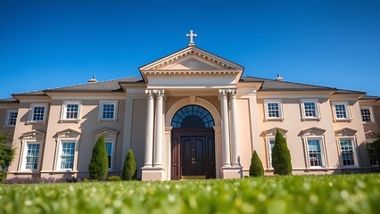 Obraz premium A grand residential entrance with ornate pillars stands under a clear blue sky, framed by a manicured lawn.