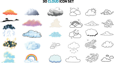 Obraz premium Collection of diverse weather clouds and atmospheric phenomena isolated on transparent background