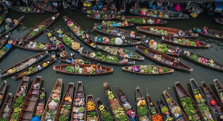 Obraz premium Vibrant Floating Market A Bird's-Eye View of Colorful Boats and Produce