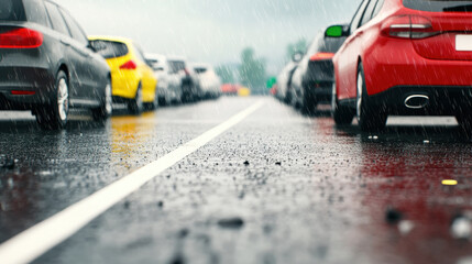 Rainy parking lot scene with cars lined up, wet asphalt reflecting vehicles, and raindrops creating moody atmosphere. image captures retro film like aesthetic