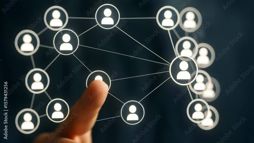 Poster a fingertip highlights a central avatar within a web of connected profile icons on dark background. 