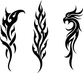 "Tribal Phoenix Flame Tattoo Set – Abstract Bird Fire Symbol Designs"