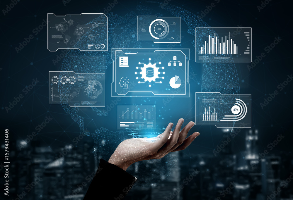 Poster big data visualization dashboard showing analytics, insights, and performance. data supports decisio