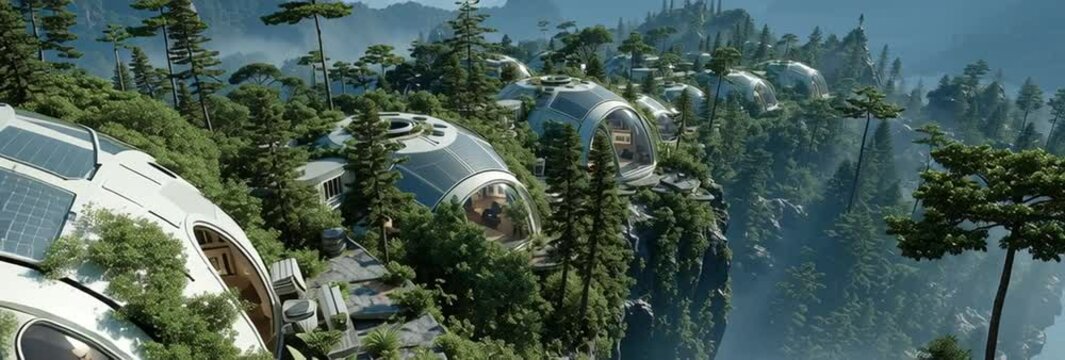 Futuristic Dome Homes with Solar Panels in Forested Mountain Village