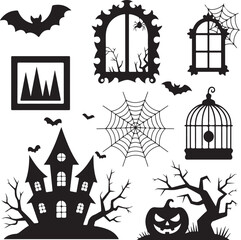 Spooky Halloween Elements Silhouette Vector Set

Witch Flying on Broom with Bats Halloween Clipart

Haunted House with Pumpkin and Bats Silhouette Design

Creepy Halloween Scene with Ghosts and Full M