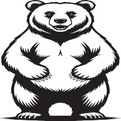 Illustration of a standing bear with black outlines on a white background looking forward calmly