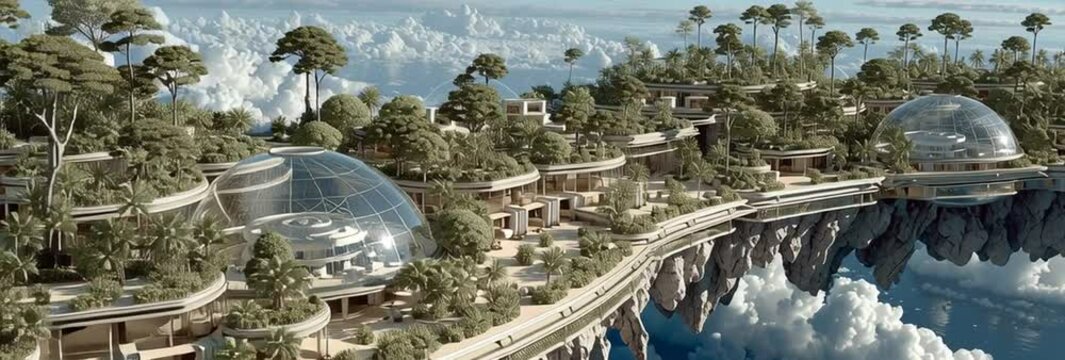 Futuristic Floating City with Domes and Forests Above the Clouds