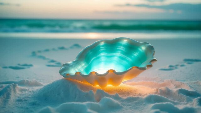 Turquoise seashell pulses light on warm sand at sunset