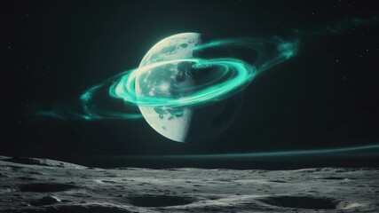Turquoise energy rings whirl on lunar surface live-action - Powered by Adobe