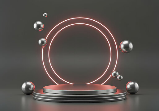 A metallic podium with a neon circle and spheres creates a modern and abstract presentation stage