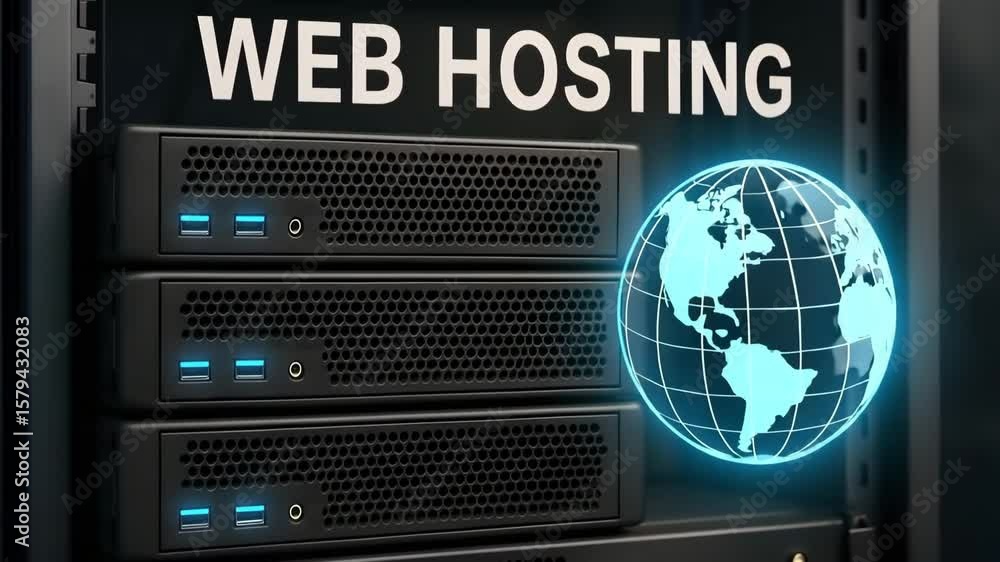 Poster a trio of black servers marked web hosting stands beside a glowing wireframe globe. concept of relia