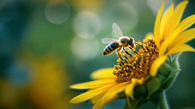 Macro bee on sunflower collecting pollen in vibrant summer garden scene
