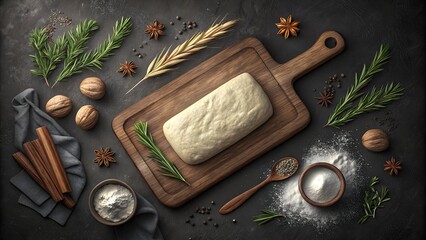 Rustic baking scene with raw dough, herbs, spices, and nuts on dark background