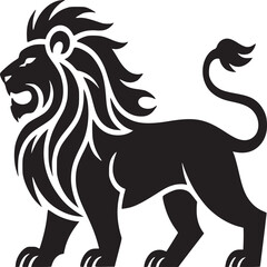 A striking black silhouette of a majestic lion roaring on a clean white background illustration art