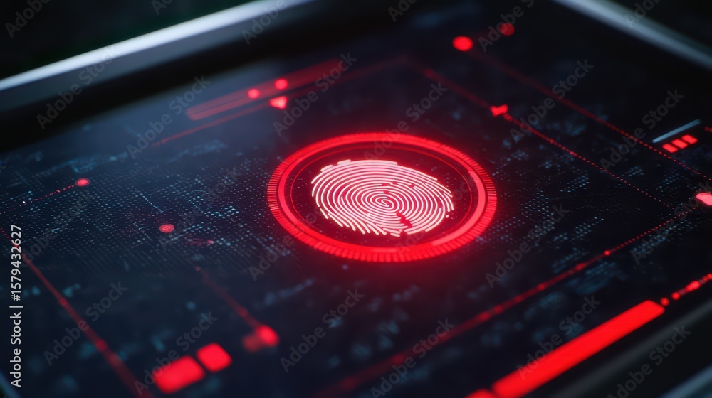 Poster futuristic fingerprint scanning technology interface with digital data visualization in vibrant red 