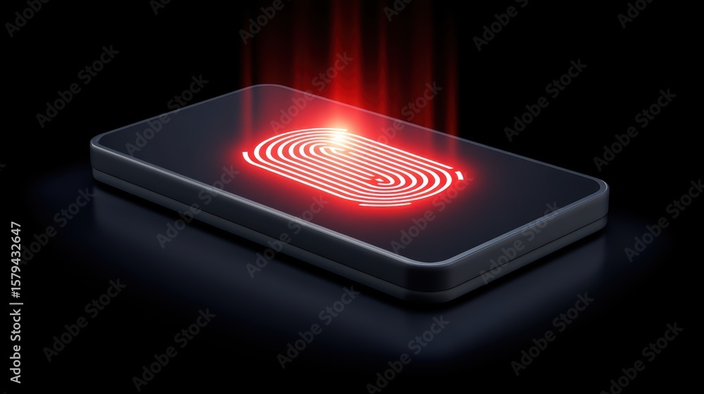 Poster futuristic smartphone displaying red fingerprint scanner on dark background with glowing elements