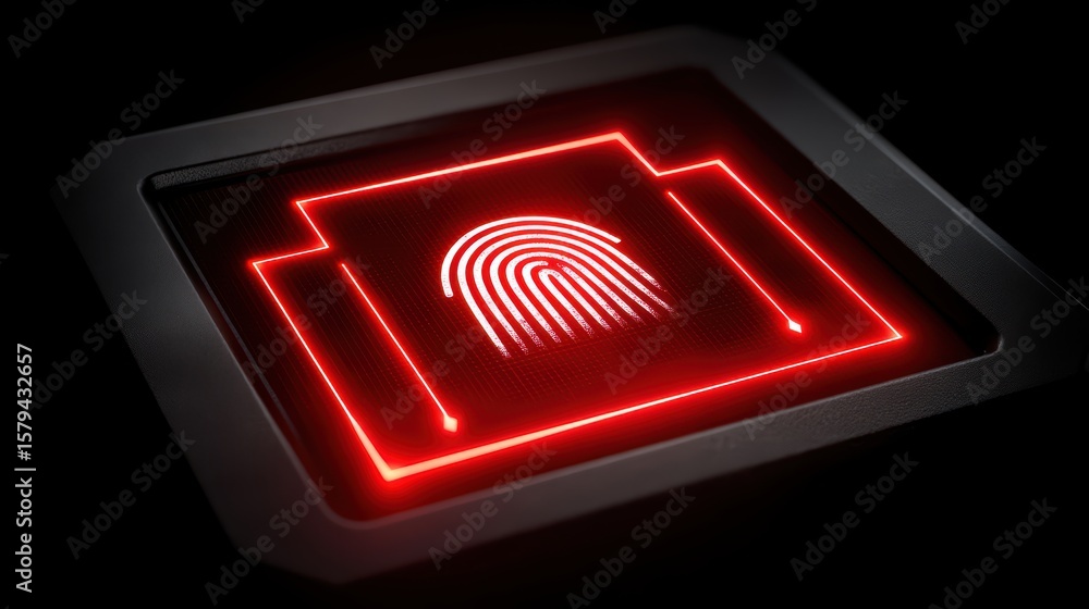 Poster futuristic neon fingerprint scanner design with bright red elements for technology and security them