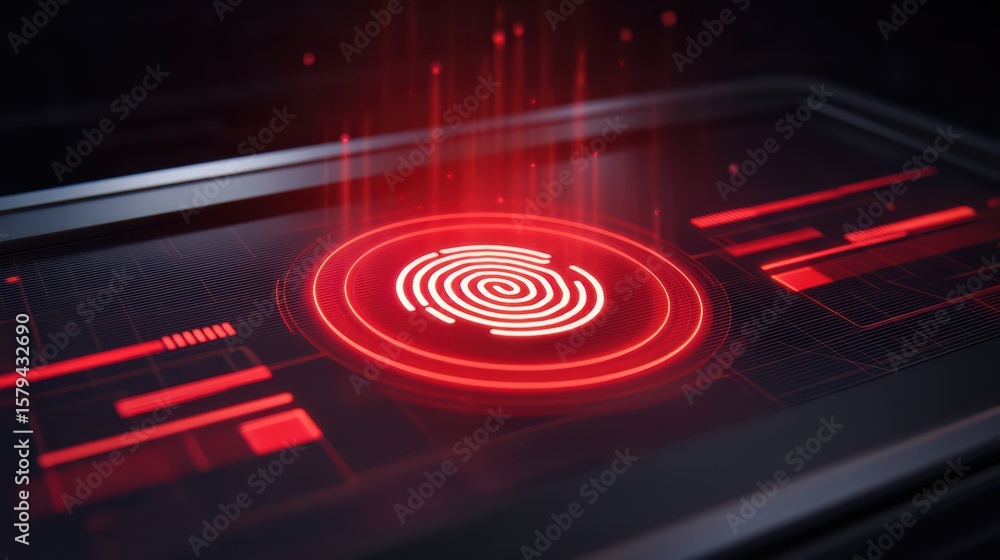 Poster futuristic technology interface with glowing fingerprint and digital elements visualized on a screen