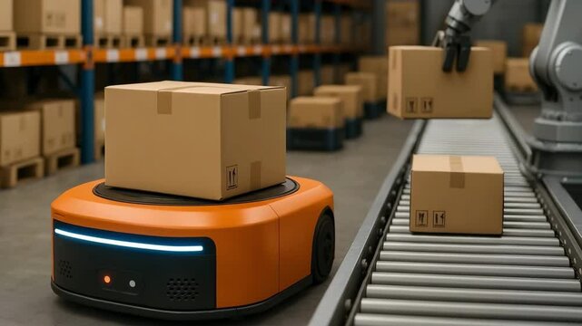 An orange autonomous robot carries box past conveyor where robotic arm stacks parcels in warehouse. Concept of collaborative logistics robotics.