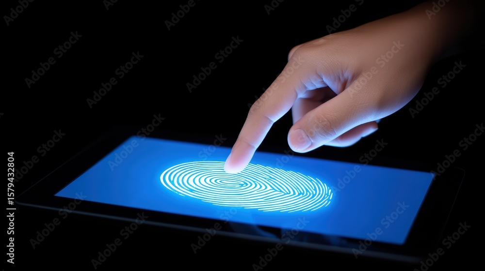 Poster hand touching a digital screen with fingerprint recognition technology for security and authenticati