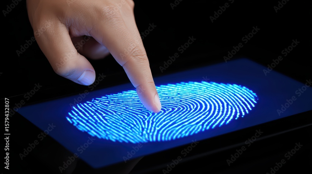 Poster blue fingerprint on touchscreen display with human finger highlighting security authentication techn