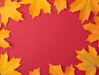 Obraz premium Bright orange maple leaves frame a red background, creating a vibrant autumn-themed border.