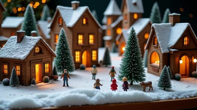 Miniature winter village scene with snow-covered houses, trees, and tiny figures creates a cozy, holiday atmosphere for Christmas.