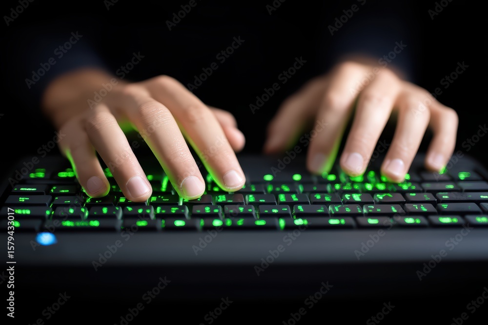Poster hands typing on computer keyboard with glowing green backlight in dark environment