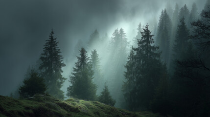 Foggy forest with mystical lighting, dark greens and greys