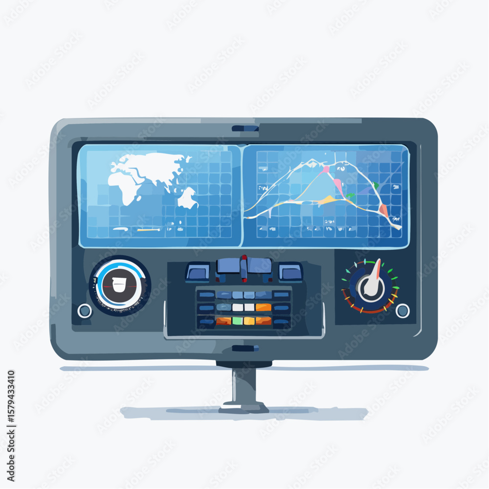Poster futuristic control panel with world map and data displays