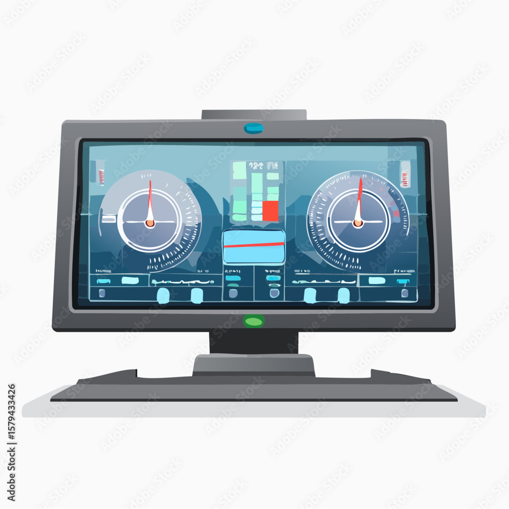 Poster futuristic monitor displaying complex data metrics