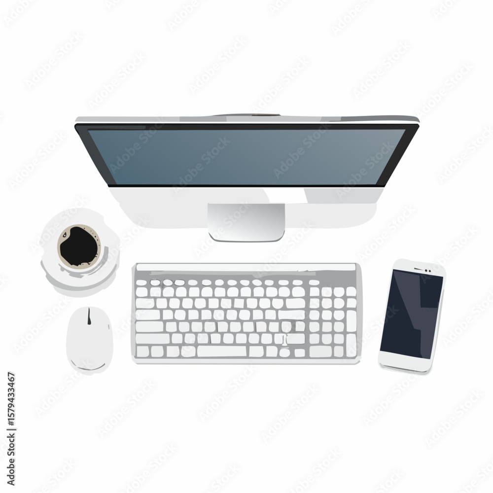 Poster overhead view of modern workspace computer keyboard mouse phone coffee